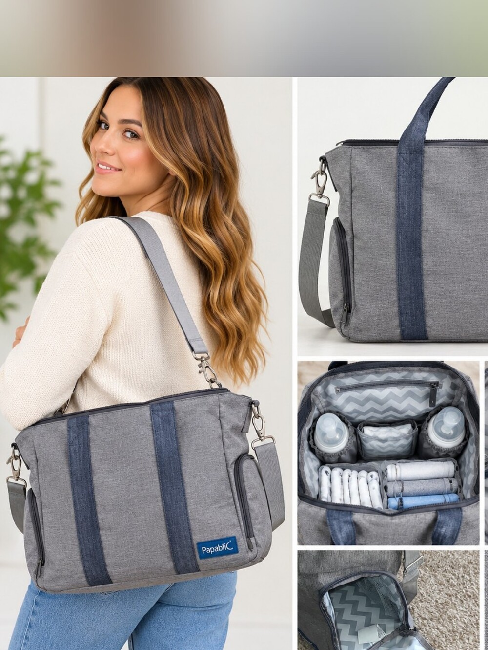Multi Access Grey Baby Bag With Cheveron Interior